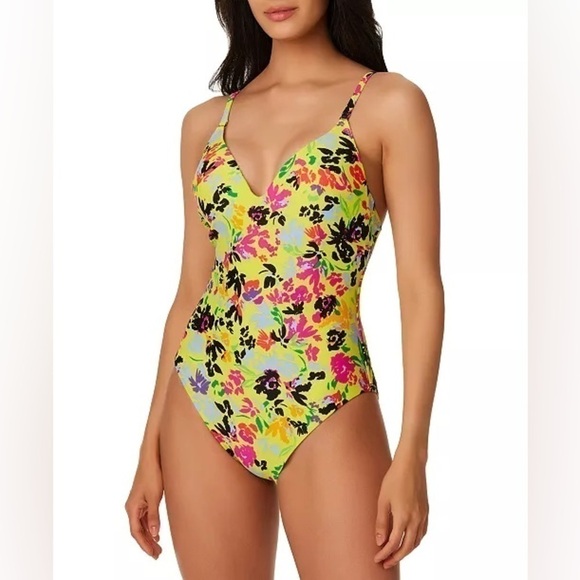 Bar III YELLOW Floral Chic One-Piece Swimsuit, US M New - Picture 10 of 11